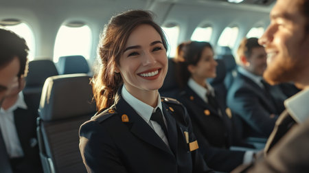 An air hostess in uniform smiling and assisting passengers during boarding.の素材