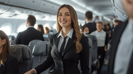 An air hostess in uniform smiling and assisting passengers during boarding.の素材
