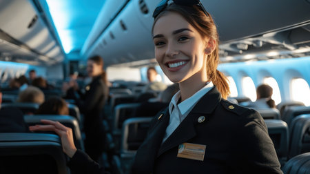 An air hostess in uniform smiling and assisting passengers during boarding.の素材