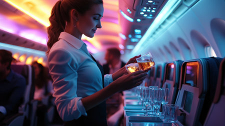 An air hostess serving drinks to passengers in a brightly lit airplane cabin.の素材