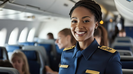 An air hostess in uniform smiling and assisting passengers during boarding.の素材