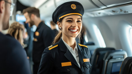 An air hostess in uniform smiling and assisting passengers during boarding.の素材
