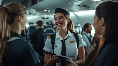 An air hostess in uniform smiling and assisting passengers during boarding.の素材
