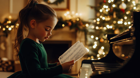 A girl in green plays the piano and looks at sheet music, against a backdrop of Christmas tree lights, warm lighting. music Merry Christmas conceptの素材
