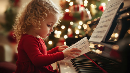 A girl in red plays the piano and looks at sheet music, against a backdrop of Christmas tree lights, warm lighting. music Merry Christmas conceptの素材