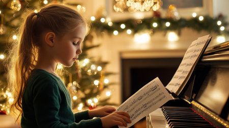 A girl in green plays the piano and looks at sheet music, against a backdrop of Christmas tree lights, warm lighting. music Merry Christmas conceptの素材