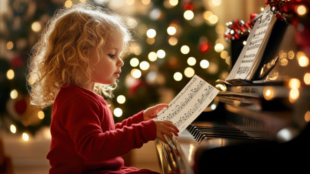 A girl in red plays the piano and looks at sheet music, against a backdrop of Christmas tree lights, warm lighting. music Merry Christmas conceptの素材
