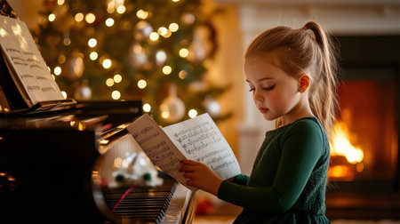 A girl in green plays the piano and looks at sheet music, against a backdrop of Christmas tree lights, warm lighting. music Merry Christmas conceptの素材