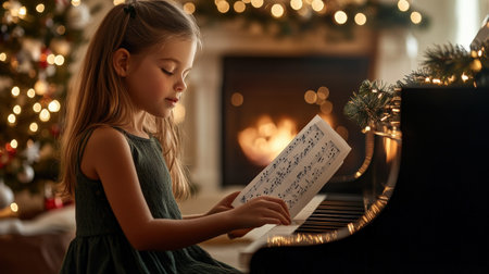 A girl in green plays the piano and looks at sheet music, against a backdrop of Christmas tree lights, warm lighting. music Merry Christmas conceptの素材