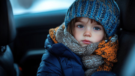 A child sitting in the back seat wearing winter and wrapped up in car, with their head resting on one hand and looking out through fogged windows.の素材