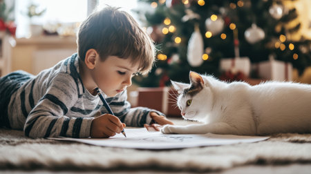A young boy drawing on the floor with his cat, in a festive atmosphere. A Christmas tree is visible in the background, with soft lighting and warm colors.の素材