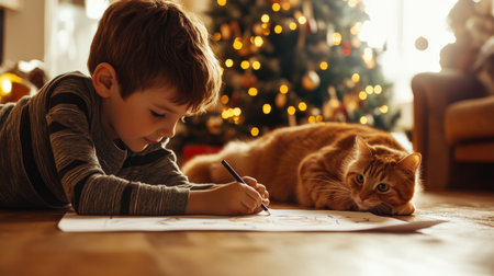 A young boy drawing on the floor with his cat, in a festive atmosphere. A Christmas tree is visible in the background, with soft lighting and warm colors.の素材