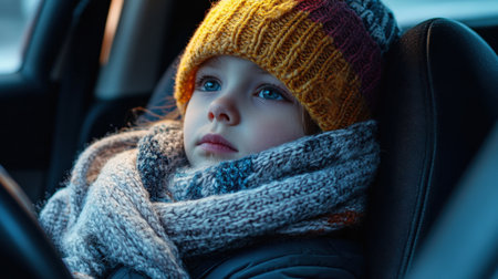 A child sitting in the back seat wearing winter and wrapped up in car, with their head resting on one hand and looking out through fogged windows.の素材