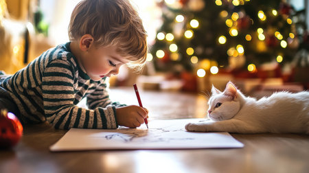 A young boy drawing on the floor with his cat, in a festive atmosphere. A Christmas tree is visible in the background, with soft lighting and warm colors.の素材