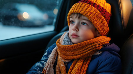 A child sitting in the back seat wearing winter and wrapped up in car, with their head resting on one hand and looking out through fogged windows.の素材