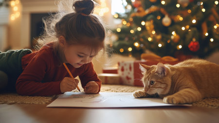 A young girl drawing on the floor with his cat, in a festive atmosphere. A Christmas tree is visible in the background, with soft lighting and warm colors.の素材