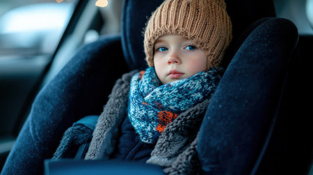 A child sitting in the back seat wearing winter and wrapped up in car, with their head resting on one hand and looking out through fogged windows.の素材