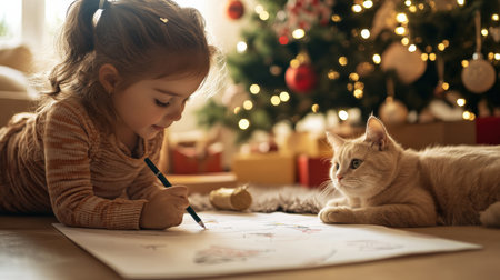 A young girl drawing on the floor with his cat, in a festive atmosphere. A Christmas tree is visible in the background, with soft lighting and warm colors.の素材