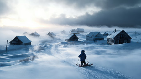 A child pulling his sled in the snow, in front of him is an abandoned village with houses covered by thick fog and snow, it's dark outside, the sky is gray and snowyの素材