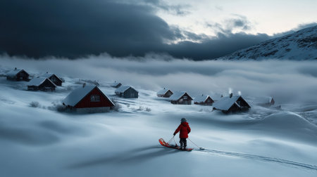 A child pulling his sled in the snow, in front of him is an abandoned village with houses covered by thick fog and snow, it's dark outside, the sky is gray and snowyの素材