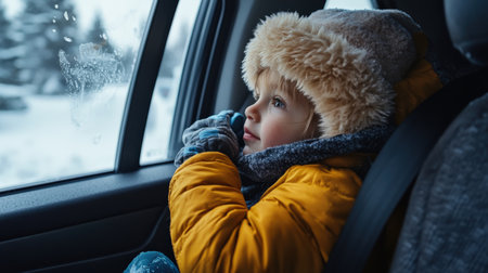 A child sitting in the back seat wearing winter and wrapped up in car, with their head resting on one hand and looking out through fogged windows.の素材