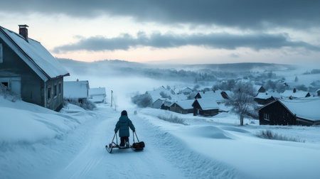 A child pulling his sled in the snow, in front of him is an abandoned village with houses covered by thick fog and snow, it's dark outside, the sky is gray and snowyの素材
