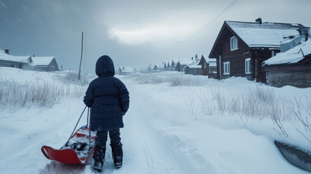 A child pulling his sled in the snow, in front of him is an abandoned village with houses covered by thick fog and snow, it's dark outside, the sky is gray and snowyの素材