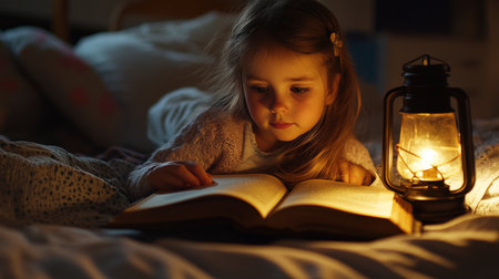 A little girl lies on her bed, reading an old book under the light of a vintage lantern. A mysterious glow illuminates the pages. Halloween Day conceptの素材