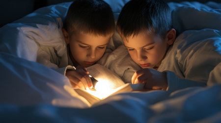 two boys reading a book under a blanket with a flashlight. The light from the flashlight illuminates the page in front of them. They look happy and excited. Halloween Day conceptの素材