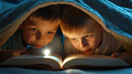 two boys reading a book under a blanket with a flashlight. The light from the flashlight illuminates the page in front of them. They look happy and excited. Halloween Day conceptの素材