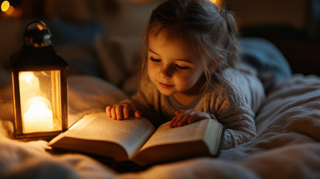 A little girl lies on her bed, reading an old book under the light of a vintage lantern. A mysterious glow illuminates the pages. Halloween Day conceptの素材