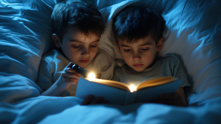 two boys reading a book under a blanket with a flashlight. The light from the flashlight illuminates the page in front of them. They look happy and excited. Halloween Day conceptの素材
