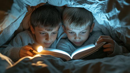 two boys reading a book under a blanket with a flashlight. The light from the flashlight illuminates the page in front of them. They look happy and excited. Halloween Day conceptの素材