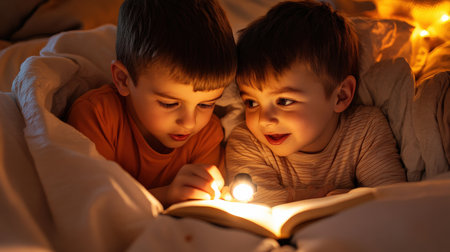 two boys reading a book under a blanket with a flashlight. The light from the flashlight illuminates the page in front of them. They look happy and excited. Halloween Day conceptの素材