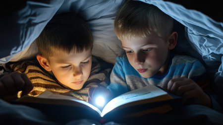 two boys reading a book under a blanket with a flashlight. The light from the flashlight illuminates the page in front of them. They look happy and excited. Halloween Day conceptの素材