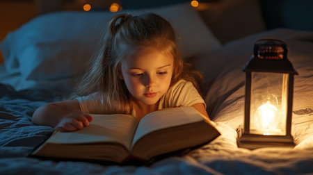 A little girl lies on her bed, reading an old book under the light of a vintage lantern. A mysterious glow illuminates the pages. Halloween Day conceptの素材