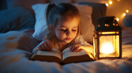 A little girl lies on her bed, reading an old book under the light of a vintage lantern. A mysterious glow illuminates the pages. Halloween Day conceptの素材