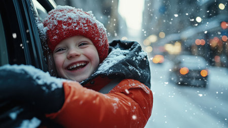 a happy little boy wearing winter leaning out of a car window in a snowy cityの素材