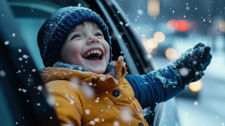 a happy little boy wearing winter leaning out of a car window in a snowy cityの素材