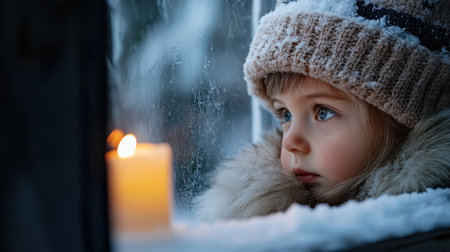 A little girl in winter looks out the window of an old wooden house, with snow on her head and a fur hat, gazing at the outside through frosted glass. A lit candle is placed inside the roomの素材