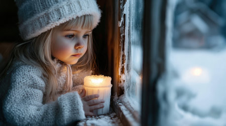 A little girl in winter looks out the window of an old wooden house, with snow on her head and a fur hat, gazing at the outside through frosted glass. A lit candle is placed inside the roomの素材
