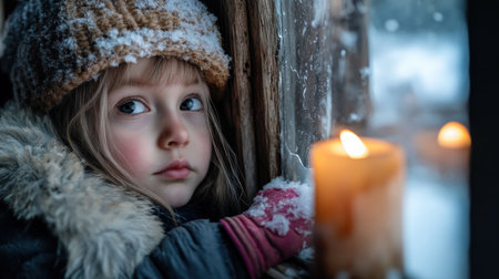 A little girl in winter looks out the window of an old wooden house, with snow on her head and a fur hat, gazing at the outside through frosted glass. A lit candle is placed inside the roomの素材