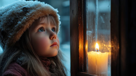 A little girl in winter looks out the window of an old wooden house, with snow on her head and a fur hat, gazing at the outside through frosted glass. A lit candle is placed inside the roomの素材