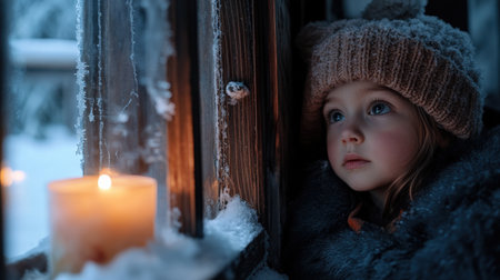 A little girl in winter looks out the window of an old wooden house, with snow on her head and a fur hat, gazing at the outside through frosted glass. A lit candle is placed inside the roomの素材
