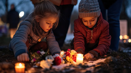 Children lighting candles at the cemetery on Black Friday, surrounded by flowers and lanterns, wearing winter against a dark background, faces with sad expressionsの素材