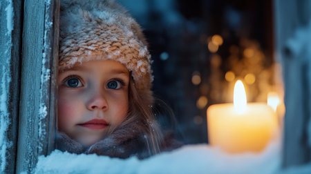 A little girl in winter looks out the window of an old wooden house, with snow on her head and a fur hat, gazing at the outside through frosted glass. A lit candle is placed inside the roomの素材