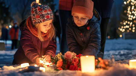 Children lighting candles at the cemetery on Black Friday, surrounded by flowers and lanterns, wearing winter against a dark background, faces with sad expressionsの素材