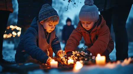Children lighting candles at the cemetery on Black Friday, surrounded by flowers and lanterns, wearing winter against a dark background, faces with sad expressionsの素材