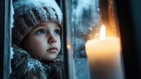 A little girl in winter looks out the window of an old wooden house, with snow on her head and a fur hat, gazing at the outside through frosted glass. A lit candle is placed inside the roomの素材
