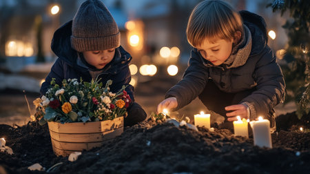 Children lighting candles at the cemetery on Black Friday, surrounded by flowers and lanterns, wearing winter against a dark background, faces with sad expressionsの素材